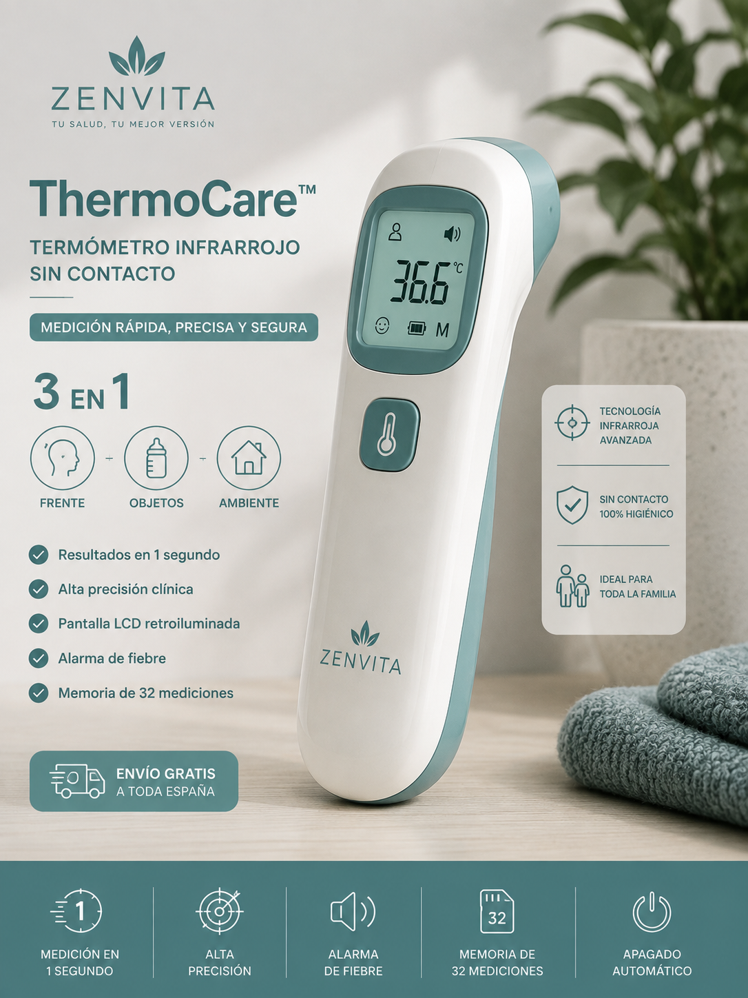 ThermoCare™ — Termómetro Infrarrojo Sin Contacto + Medición en 1 Segundo + Alta Precisión + ENVÍO GRATIS
